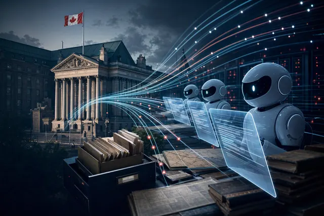 Conceptual illustration for a report on AI agents probing a government archives search service