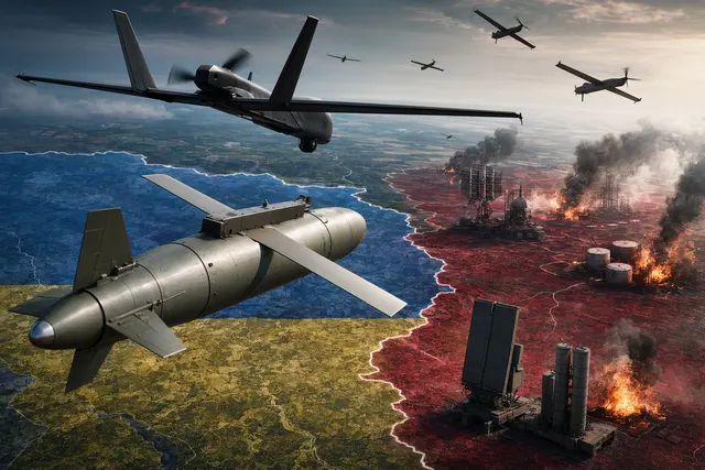 Illustration of Ukrainian drones and glide bomb strikes targeting Russian oil refinery and logistics infrastructure