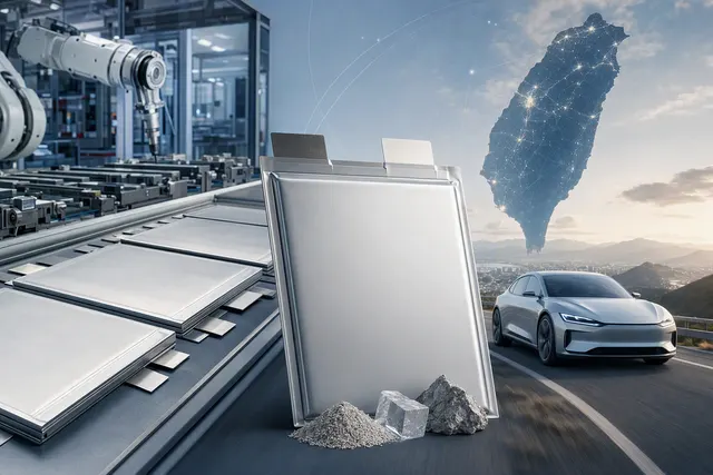 Editorial illustration of a high-density solid-state EV battery cell and battery production line
