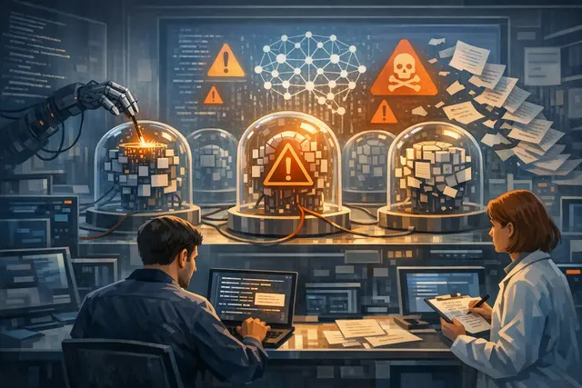 Editorial illustration of an open-weight AI model with safety barriers being tested by tampering attacks