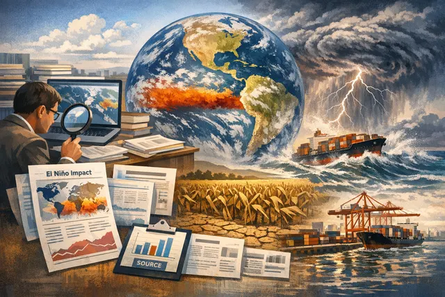Editorial illustration of a massive ocean storm system over the Pacific, symbolizing the 2026 Super El Niño weather pattern threatening global supply chains and inflation.