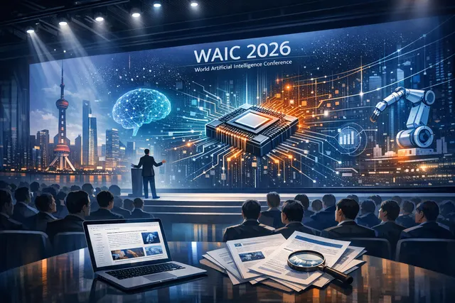 AI-generated visual of a Zhenwu AI chip and code symbols representing Alibaba's open-source software stack announcement at WAIC 2026.