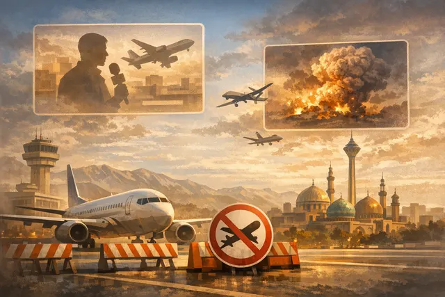 A commercial airplane flying above a map of Iran and the Middle East, with glowing conflict zone indicators and disrupted flight path lines.