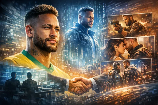 Neymar Jr. AI digital likeness in FlareFlow microdrama concept art blending sports and sci-fi themes