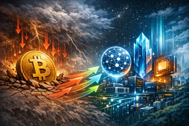 Chart showing Bitcoin price falling below $70,000 while AI-focused crypto tokens like NEAR, ICP, and Render surge upward, illustrating the sector rotation in early June 2026.