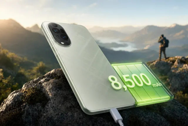 Illustration of the Huawei nova 15 Max highlighting its 8,500 mAh battery and large display