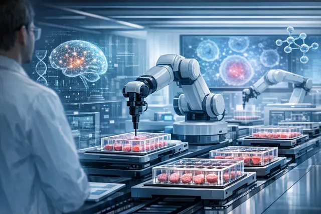 Conceptual illustration of autonomous robotic laboratories testing drugs on lab-grown human tissues for AI drug discovery