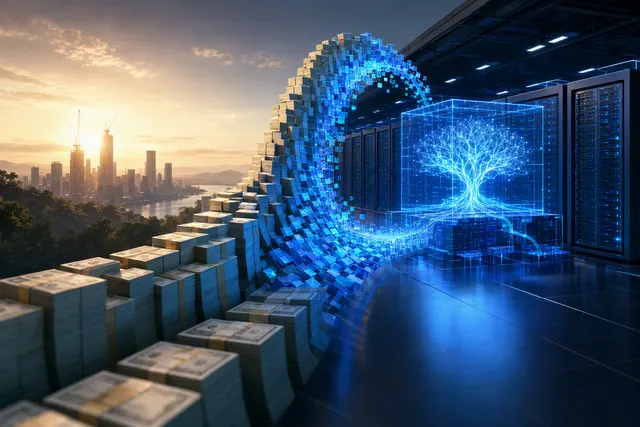 Editorial illustration of large-scale AI infrastructure and hyperscaler data centers