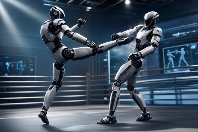 Editorial illustration of two humanoid robots sparring in a technology setting