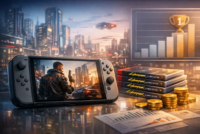 Cyberpunk 2077 Ultimate Edition displayed on a Nintendo Switch 2 beside its physical Game Card