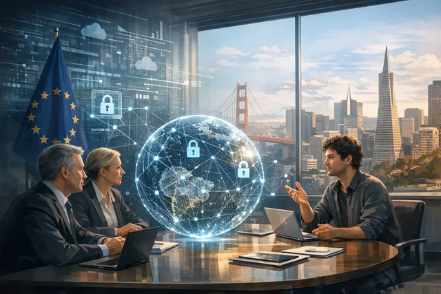 Abstract digital image representing Anthropic's Claude Mythos AI model and cybersecurity network connections with European Union and G7 flags