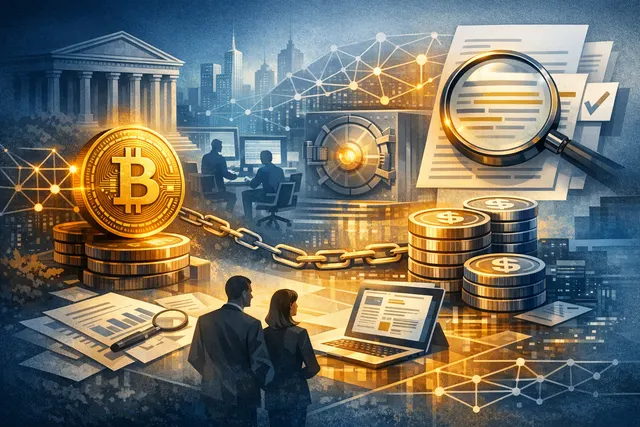 An abstract illustration representing institutional Bitcoin lending onchain, featuring a Bitcoin symbol and a blockchain network.