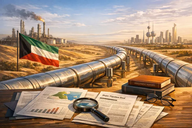 AI-generated illustration of Kuwait's oil pipeline network with financial symbols, representing the $16 billion Project Peregrine deal.