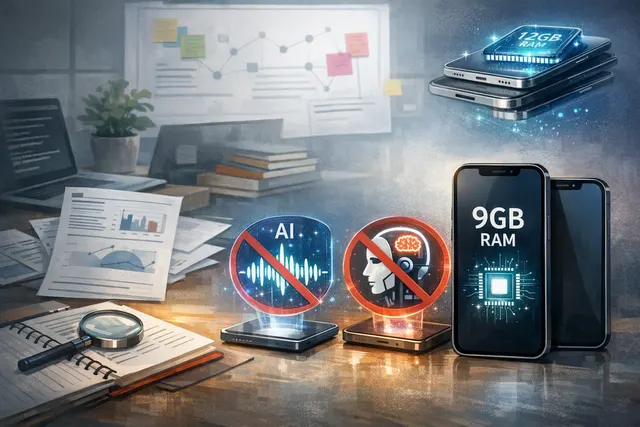 Concept render of the iPhone 18 and iPhone 18e showing a RAM upgrade to 9GB alongside a locked Siri AI icon indicating missing features