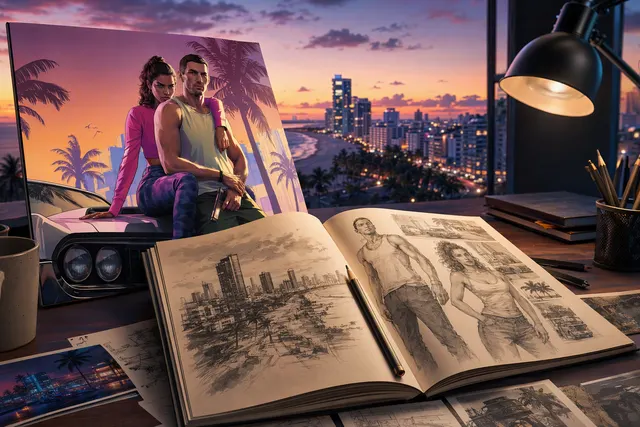 AI-generated editorial illustration accompanying an article about Game Informer’s GTA VI cover story