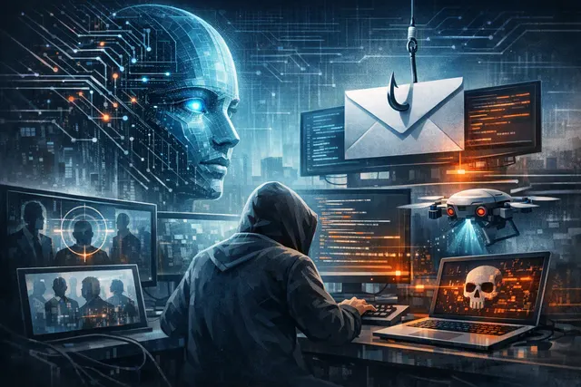 Abstract editorial illustration of artificial intelligence integrated into a cyberattack network