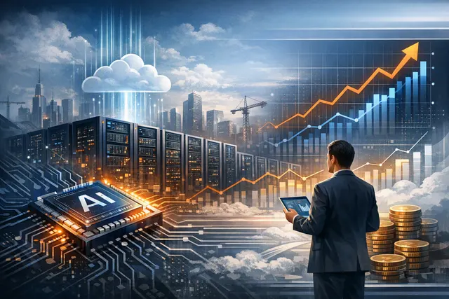 Abstract editorial illustration of Alibaba’s AI cloud infrastructure investment and expanding data-centre capacity