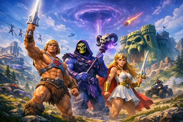 He-Man, Skeletor, and She-Ra charging into battle in Fortnite's vibrant animated style, with Castle Grayskull looming in the background of a lush Eternia landscape.
