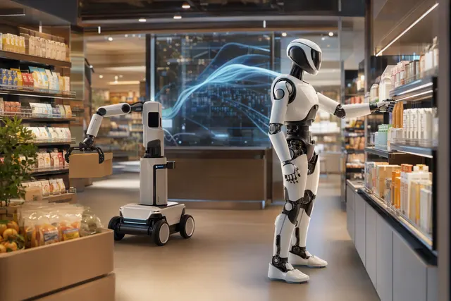 Illustrative retail scene with robots assisting in a convenience store