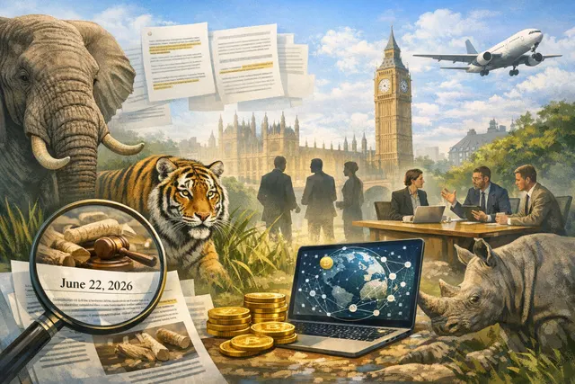 AI-generated illustration of a coalition of technology, finance, and telecom logos converging around a wildlife conservation symbol, representing Prince William's United for Wildli