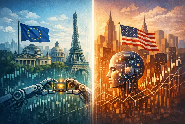 A conceptual image of European and US stock markets diverging around artificial intelligence, with Europe showing multiple sector connections and the US concentrated on a few tech