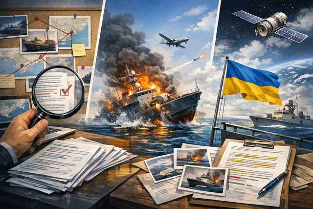 AI-generated editorial hero image showing a naval drone strike concept: a drone approaching a ship silhouette at sea, representing Ukraine's Sea of Azov campaign.