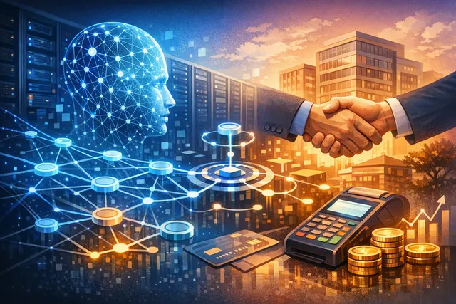 Abstract editorial illustration of AI model routing, token flows, and digital payments connecting Stripe and OpenRouter