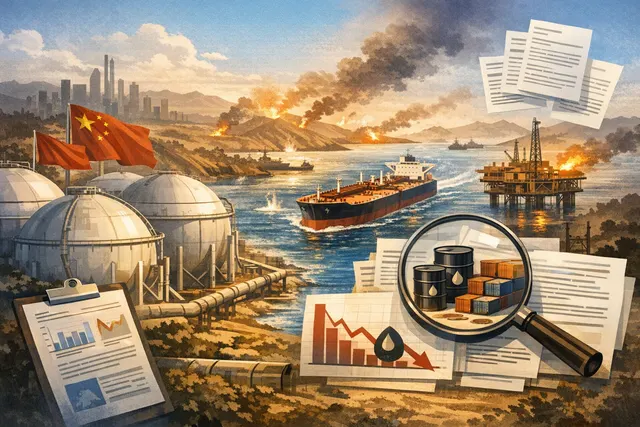 Oil tanker and cargo ship at sea near Strait of Hormuz at sunset, illustrating the 2026 supply disruption and China's strategic reserve response