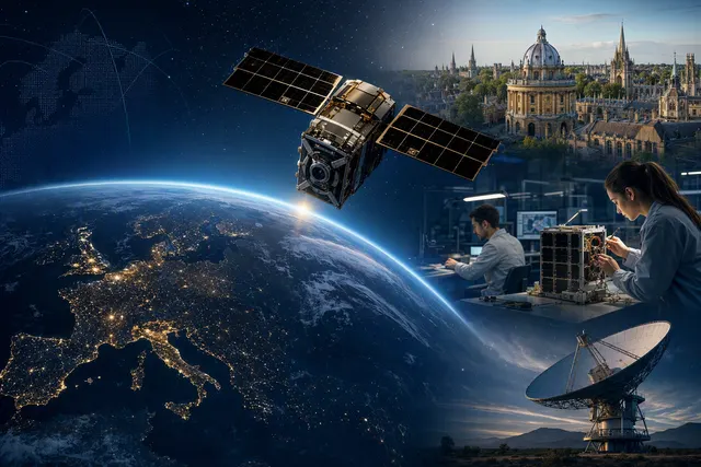 Illustration of a satellite orbiting Earth for Open Cosmos’s European satellite infrastructure expansion