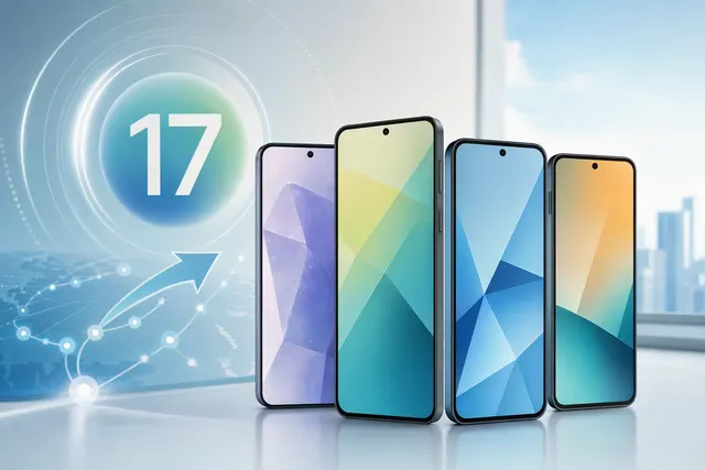 Editorial illustration for Samsung’s One UI 9 rollout across Galaxy phones