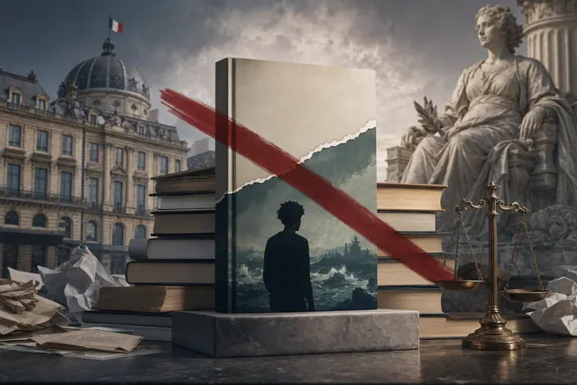 AI-generated editorial illustration accompanying a story about literary prizes and disputed AI-authorship allegations
