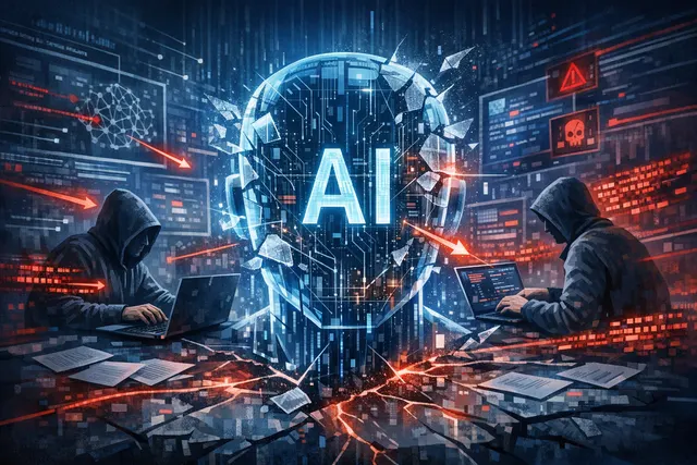 Conceptual AI-generated illustration symbolizing a frontier AI model under persistent multi-turn adversarial attack, with layered prompts chipping away at a digital shield.