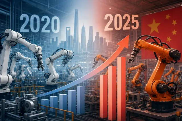 AI-generated editorial illustration for an analysis of China’s industrial-robot market