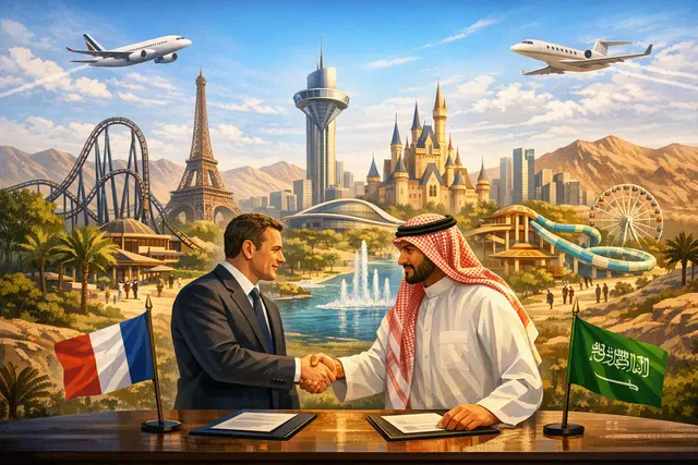 Conceptual illustration of a Dragon Ball-inspired theme park near Paris representing the proposed France-Saudi Arabia project