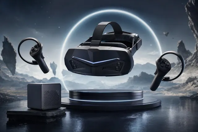 AI-generated editorial illustration representing the Pimax Crystal Pro wireless PC VR headset and 60G AirLink streaming.