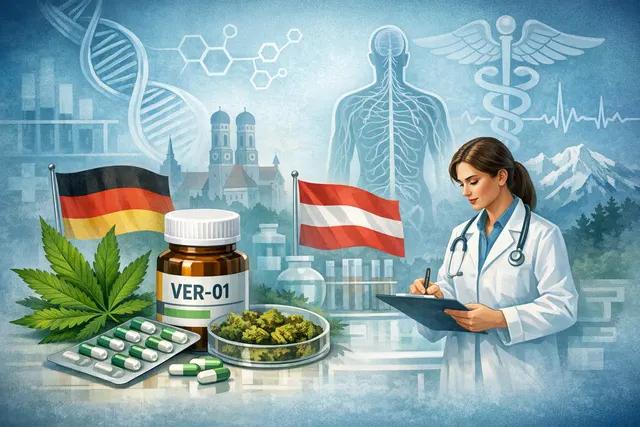 Conceptual image of a cannabis leaf and a medical tincture bottle representing Exilby, the first plant-derived cannabis drug approved for chronic pain in Europe.