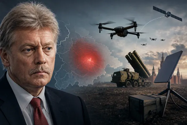 Editorial illustration of satellite communications and drone warfare over a map of Ukraine and Russia