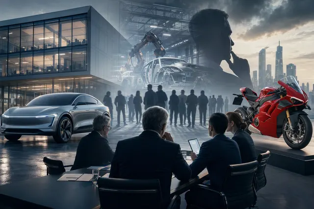 Editorial illustration of Volkswagen’s restructuring review and Ducati’s future in Italy