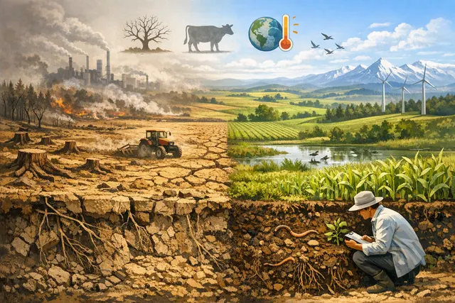 Illustration of healthy and degraded agricultural soil showing erosion, roots and sustainable soil management