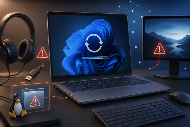 Editorial illustration of a Windows 11 update issue affecting a computer