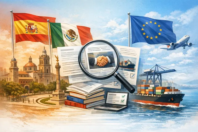 World flags of EU, Mexico, and Spain with abstract diplomatic background
