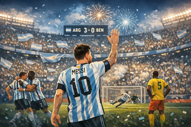 AI-generated editorial illustration for an article about Lionel Messi’s farewell match for Argentina against Benin