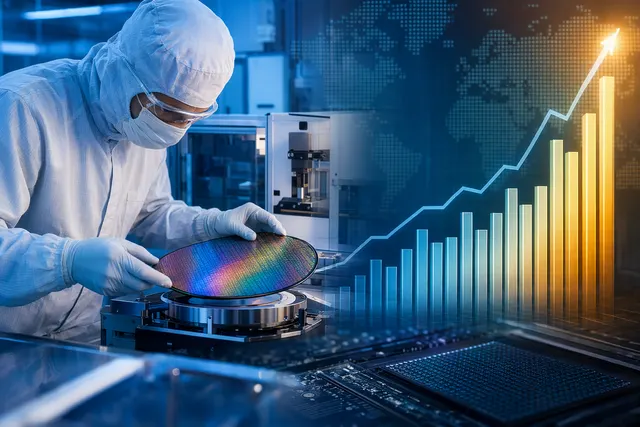 Illustration of semiconductor manufacturing equipment and AI data center chips representing Applied Materials growth outlook