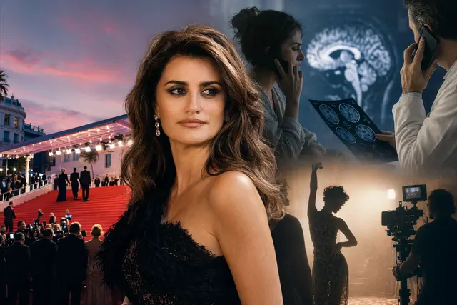 Editorial illustration of Penélope Cruz at the Cannes Film Festival referencing her La Bola Negra filming health scare