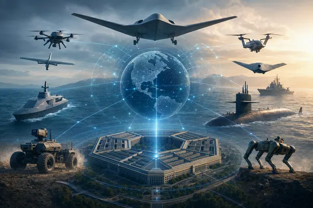 AI-generated editorial illustration representing autonomous military systems and drone warfare