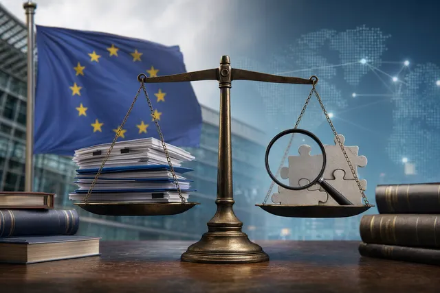 Editorial illustration of Google Search, EU regulation, and publisher content under review