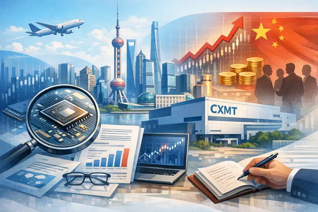 Editorial illustration representing CXMT's record-breaking Shanghai IPO debut and $539 billion market valuation