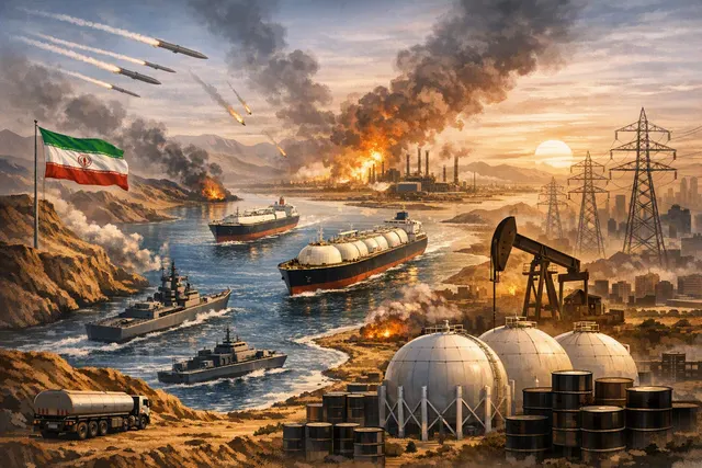 Editorial illustration of an oil tanker route through the Strait of Hormuz during an energy-market crisis