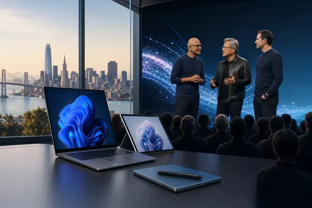 Illustration of Microsoft’s Windows and Surface event focused on local AI and NVIDIA RTX Spark PCs