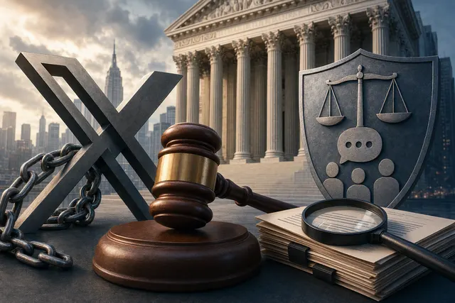 Illustration representing social media content moderation and a First Amendment court case